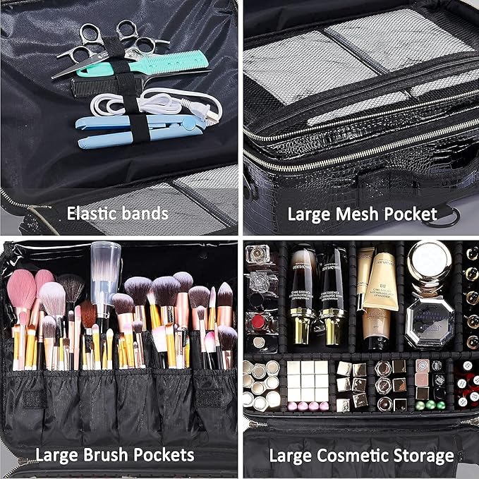 JOURMON Travel Makeup Train Case,Large Capacity Cosmetic Bags for Women,Portable Makeup Bag Organizer with Adjustable Dividers & Shoulder Strap (Crocodile Pattern Black, L)