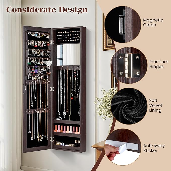 Giantex Wall Mounted Jewelry Cabinet with Full Length Mirror, Over The Door Jewelry Armoire Organizer with Large Storage, Makeup Mirror & Velvet Lining (Brown)