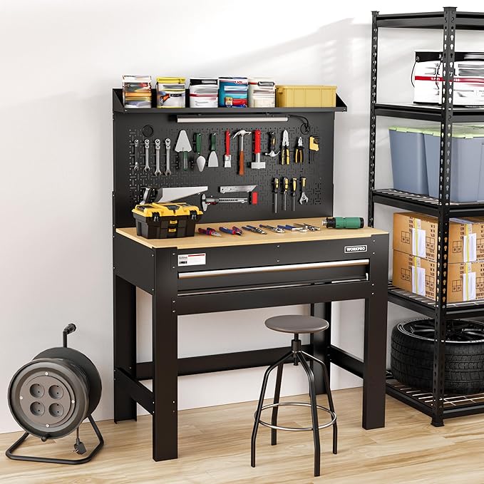 WORKPRO Garage Workbench with Storage, 45" Workbench with Pegboard, Power Outlets and Light, 800 LBS Multipurpose Work Bench for Garage, Warehouse, Workshop