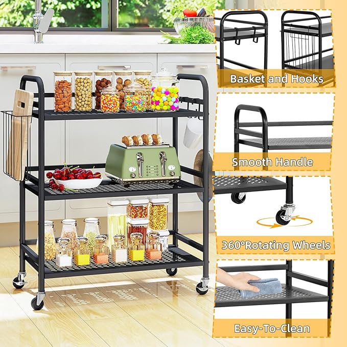 HDANI 3 Tier Metal Mesh Utility Cart,Large Capacity Multipurpose Heavy Vehicle,Rolling Trolley with to Hooks and One Basket(Black)