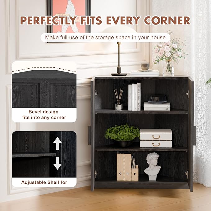 Casaphoria Farmhouse Corner Cabinet, Wooden Corner Storage Cabinet with Adjustable Shelves, Narrow Storage Organizer for Small Space, 36" H x 31" W x 16" D, 51Lb, Black