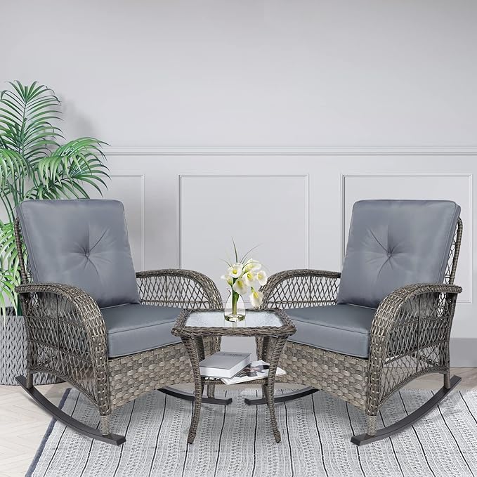 VIVIJASON 3-Piece Outdoor Conversation Bistro Set, Patio Wicker Rocking Chairs Rattan Furniture Sets w/ 2 Rattan Chairs, Cushions, Glass Top Side Table for Garden Porch Backyard (Grey)