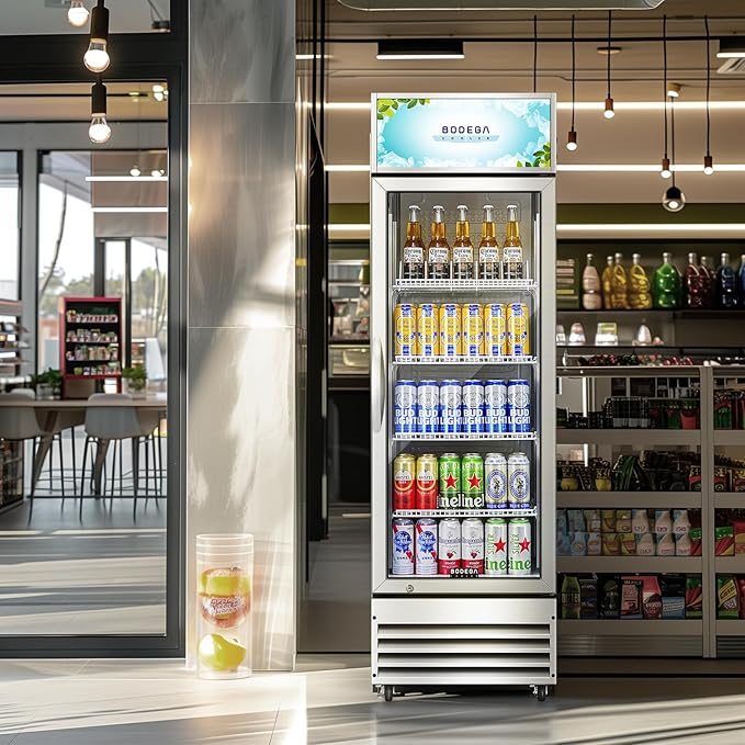 BODEGACOOLER Commercial Merchandiser Refrigerator, 9 Cu.Ft Glass Door Beverage Refrigerator, Upright Beverage Display Cooler with Soft LED Light, Adjustable Shelves, 4 Strong Castors(Stainless Steel)