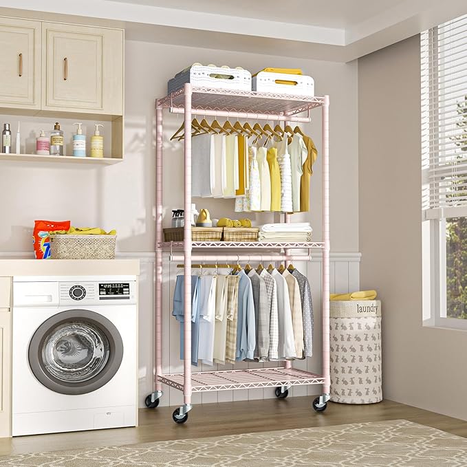 FUTASSI P1 Medium Heavy-Duty Portable Closet, 30" W x 14" D x 76" H, Metal Rolling Clothing Rack, Pink