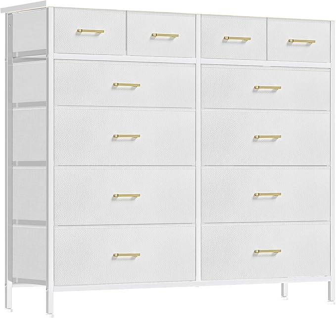 Chest of Drawers for Bedroom with 12 Deep Drawers Tall Fabric Dresser, Storage Cabinet for Closet, Nursery, Bedside, Living Room, Entryway, Hallway (White)