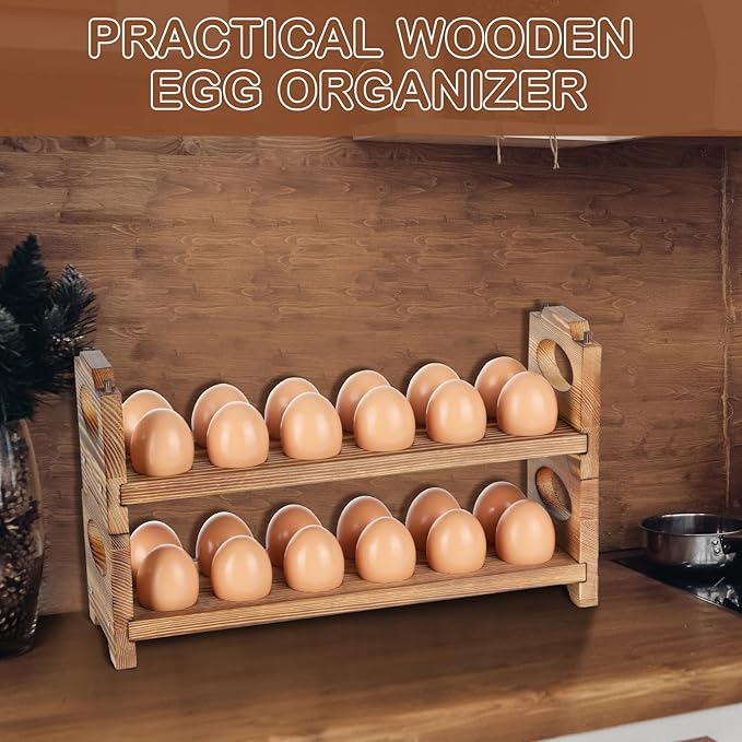 Wooden Egg Holder Countertop, Stackable Wooden Egg Storage & Organizer, 2-Tier /24-Hole Farmhouse Eggs Rack Wood with Handle for Fresh Eggs to Store Chicken/Duck/Quail/Turkey/Easter Egg