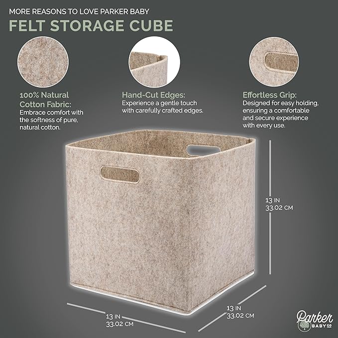 Parker Baby Felt Foldable Storage Cube - 13 Inch Nursery Cubby Bin for Cube Organizer, Closet Organizers and Storage Toy Bin, Rope Baskets Bins for Toy’s Storage - Oatmeal