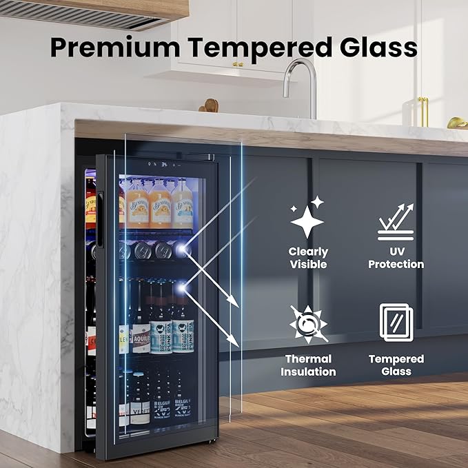 Yeego Beverage Refrigerator Cooler, 105 Cans Drink Fridge with Glass Door for Soda Beer or Wine, Beverage Cooler with 34°F-54°F Digital Temperature Control for Home, Office, Bar (Black)