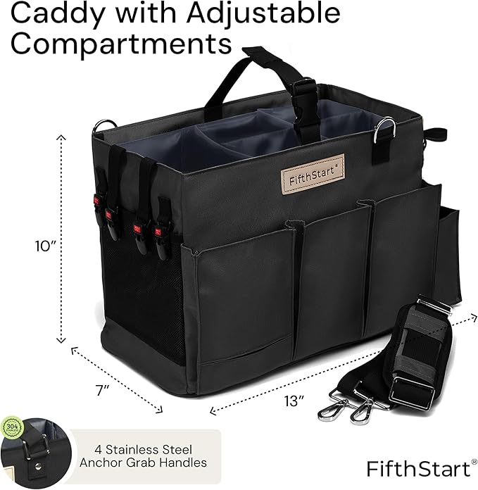 FifthStart Multiuse Cleaning Caddy with Waist & Shoulder Strap - Diaper Caddy & Beach Bag - 9 Pockets & Mesh Base - Adjustable Compartments (Black, Small) - Cleaning Supplies Organizer Bag