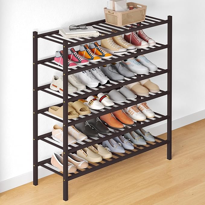 Smiry Bamboo Shoe Rack for Closet, 6 Tier Long Wooden Stackable Shoe Organizer, Free Standing Shoes Storage Shelf for Entryway, Front Door Entrance, Brown