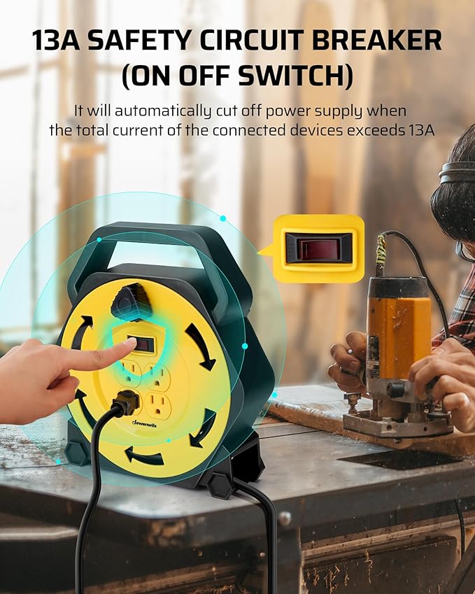 DEWENWILS Extension Cord Reel with 25 FT Power Cord, Hand Wind Retractable, 16/3 AWG SJTW, 4 Grounded Outlets, 13 Amp Circuit Breaker, Yellow, Black, UL Listed