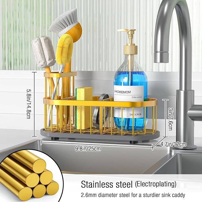 Kitchen Sink Organizer with Sponge Holder & Brush Holder - Drain-Free Non-Slip Base, 2.6mm Stainless Steel with Gold Rust-Resistant Coating - Easy Install & Clean Kitchen Sink Caddy