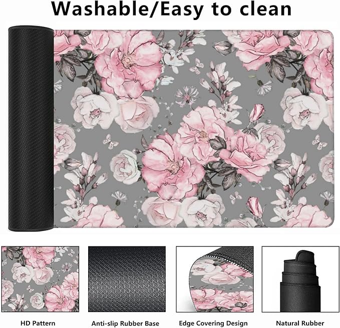 Desk Mat,Flower Rose Gaming Mouse Pad,XXL Extended Mouse Pad Mat for Office,Computer,Keyboard with Non-Slip Base Stitched Eges Mousepad 35.4x15.75 inch