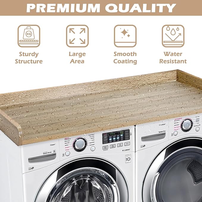 Royxen Washer Dryer Countertop with Solid Wood Core,54“W x 27.5D Laundry Countertop with Edge Rails,Washer and Dryer Topper for Laundry Room Organization(White Oak)