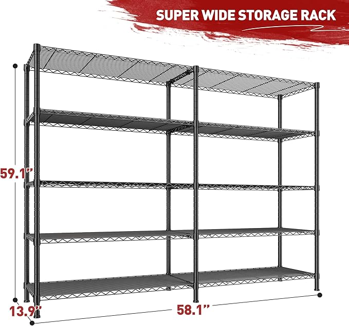REIBII 1450LBS Metal Shelving Unit Storage Shelves 5 Tier Wire Shelving 58.1''W Pantry Shelves Wire Shelf Adjustable Garage Shelving Heavy Duty Storage Rack for Pantry Kitchen Garage, Black