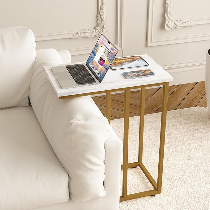 VECELO C Shaped End Side Table for Sofa Couch and Bed Snack TV Tray for Living Room Bedroom, 2 PCS, Gold