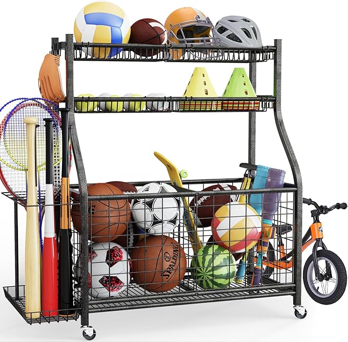 Garage Sports Equipment Organizer,Ball Storage With Four Baskets And Six Hooks,Sports Organizer For Garage,Heavy Duty Garage Organizer,Garage Storage,Garage Organization,Outdoor Toy Storage