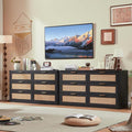 LEYAOYAO Rattan 6 Drawer Dresser for Bedroom Set of 2, Boho 54" Wide Black Dresser Chest of Drawers, Dressers TV Stand with Metal Handle, Storage Dressers Closet Organizer for Living Room, Hallway