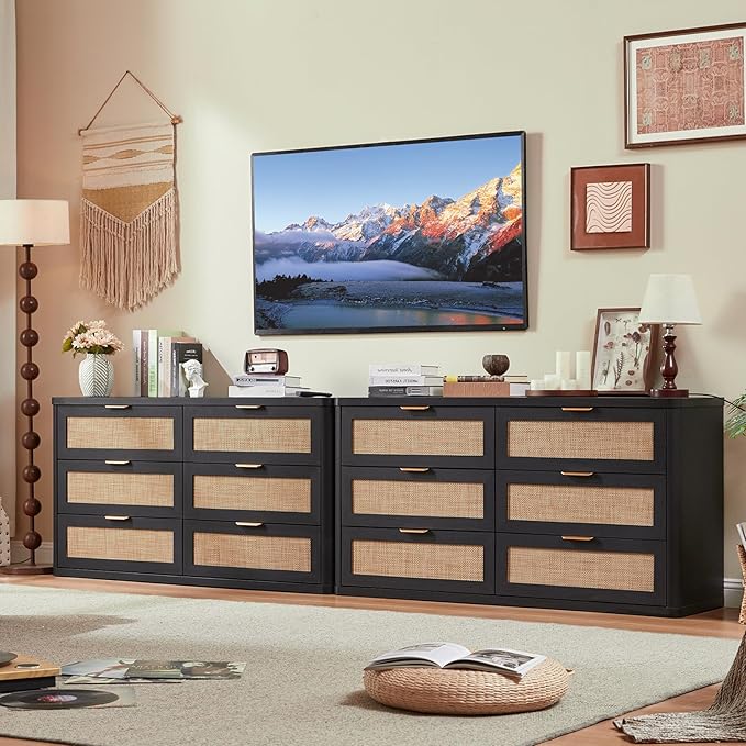 LEYAOYAO Rattan 6 Drawer Dresser for Bedroom, Boho 54" Wide Black Dresser Chest of Drawers, Dressers TV Stand with Metal Handle, Storage Dressers Closet Organizer for Living Room, Hallway