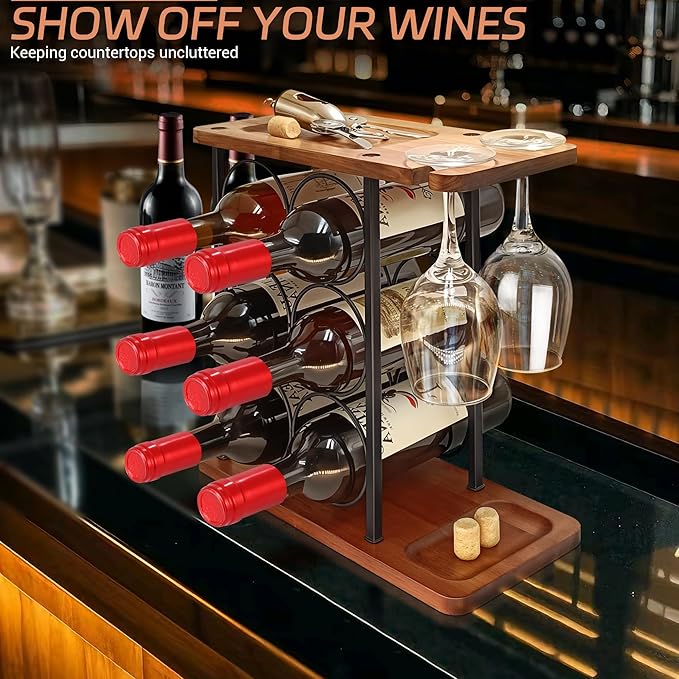 Wooden Wine Racks Countertop with Tray, Wine Bottle Holder for 6 Bottles & 2 Glasses, Perfect for Kitchen, Bar, Table, Cabinet, Wine Cellar