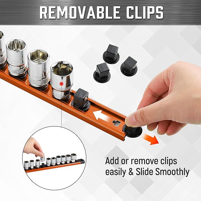 ALOANES 3-Piece Magnetic Rail Organizer, Heavy Duty Aluminum Rails, 360 Swivel Clips Socket Holder Kit for Tool Box, 1/2, 3/8, 1/4-Inch Socket Holder x 40 Clips (Orange)