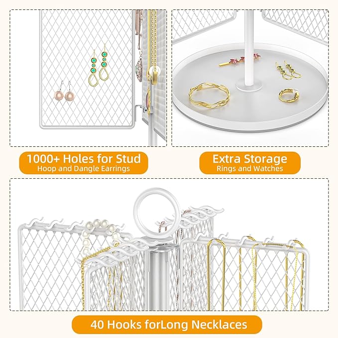 Rotating Necklace Holder Organizer, Necklace Storage Jewelry Stand, Metal Jewelry Stand with 40 Hooks for Necklace Earring Ring Bracelet Display Stand, Women Gifts - White