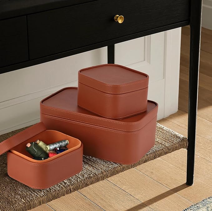 HofferRuffer Faux Leather Decorative Storage Boxes, Dust proof Storage Shelf Baskets with Lids Trays, Storage Bins Memory Box Organizer for Home, Office, Jewelry & More, Set of 3 (Brown)