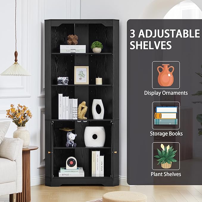 Mid-Century Modern 70" H Tall Coner Storage Cabinet with Doors & Adjustable Shelves, Wood Home Coner Pantry Hutch for Kitchen, Dining Living Room, Bathroom, Antique Dispaly (Black)