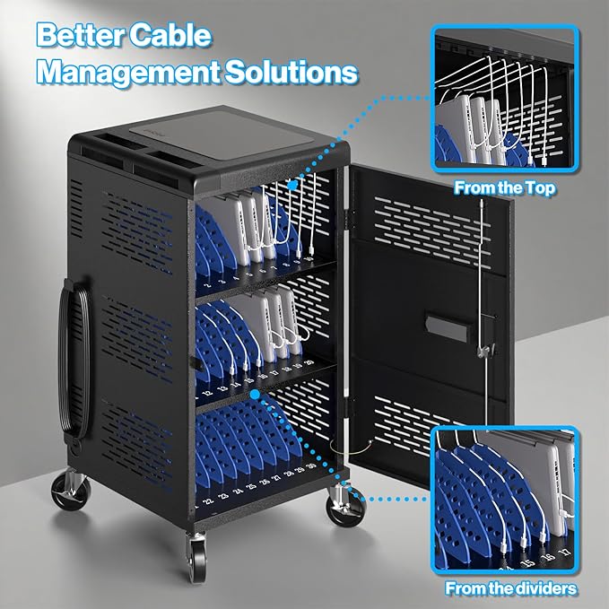 8 Pack | Fully Assembled 30 Bay Multi Device Charging Station for Chromebook,iPad,14'' Laptop,Pre Built Computer Charging Cart with Charger Cable Management,Circuit Breaker,Grounding Protection(Black)