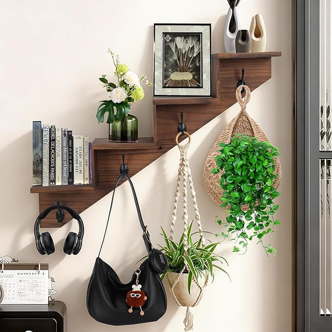 Coat Rack Wall Mount with Shelf, Brown Ladder Shelf with Hooks Underneath, Wall Mounted Rise Wooden shelves for Decorative, 4 Double Hooks for Hanging Coats, Keys, Books, Flowers, Planter, Towels