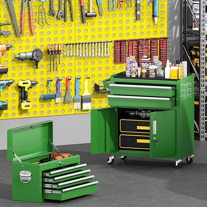 Greenvelly Tool Chest, 8-Drawer Rolling Tool Chest with Hooks and Lockable Wheels,Metal Storage Detachable Top Tool Box with Lockable Wheels for Garage,Workshop,Art Studio(Green)