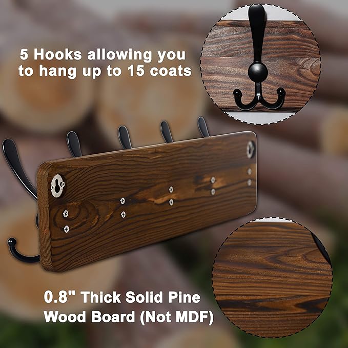 Dseap Coat Rack Wall Mounted - 24" Long 6 Tri Hooks, Heavy Duty Wooden Wall Coat Hanger Coat Hook for Clothes Hat Jacket Clothing, White and Black