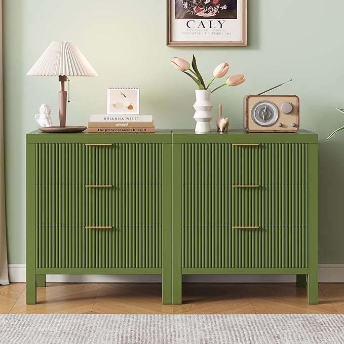 3 Drawer Dresser, Modern Wood Storage Chest of Drawers Organizer with Waveform Panel, Fluted Dresser with Wide Drawers and Golden Handles for Bedroom, Hallway, Entryway, Green