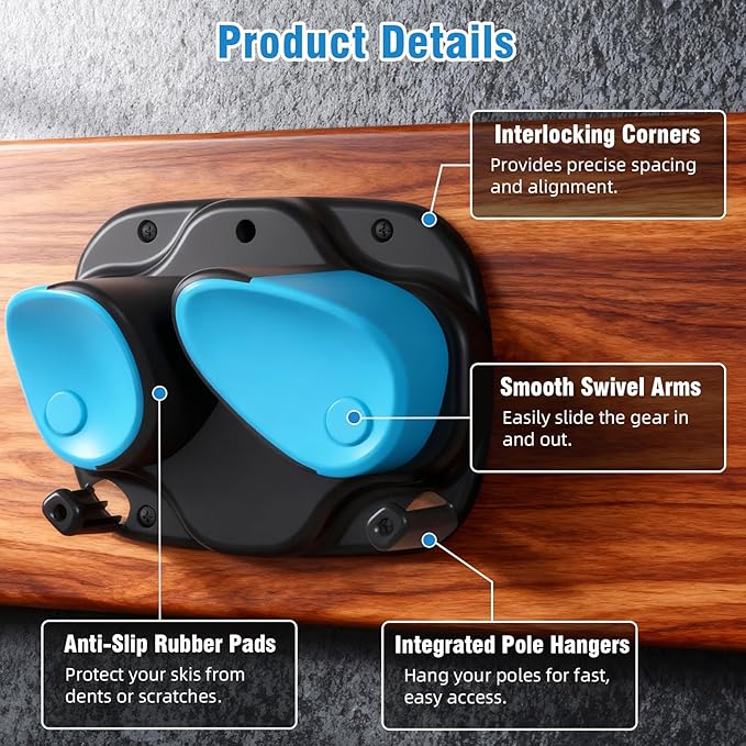 WDZREE Ski & Snowboard Wall Rack for Garage, Fits Any Ski or Board, Ski Wall Mount Garage Organization Holders, Damage-Free Storage Rack, Space-Saving Clamp Winter Gear Organizer, Blue (2 Pack)