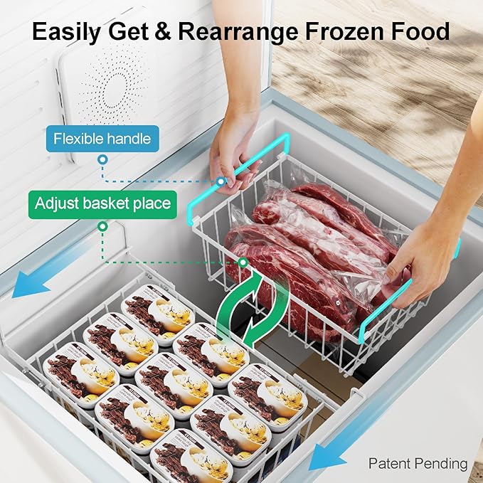iSPECLE Deep Freezer Organizer Bins - 15.2"~17.5" Freezer Baskets for Chest Freezer, 5 Cu.FT Deep Chest Freezer Organizer Bins, 1 Expandable Hanging Basket and 3 Pack Stackable Bins, 4 Pack White