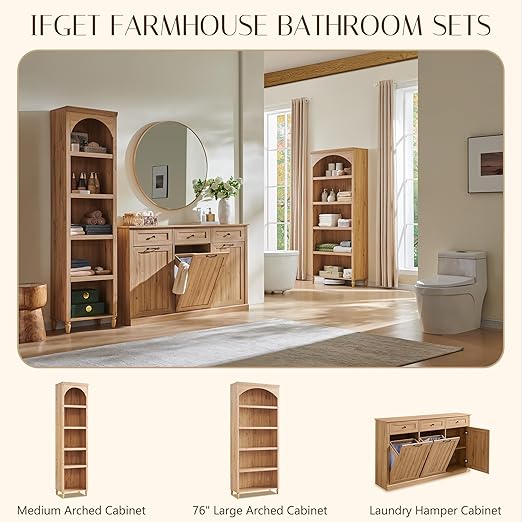 Triple Tilt Out Trash Can Cabinet, 20 Gallon Farmhouse Laundry Hamper Cabinet w/3 Drawers & Adjustable Shelf, Hidden Wooden Trash Can Cabinets with Storage Basket for Kitchen (Natural)