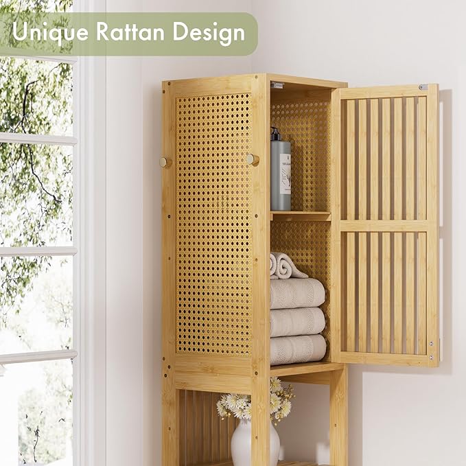 Amazer 70'' Tall Bathroom Storage Cabinet Bamboo, Slim Storage Cabinet with Rattan Door and Adjustable Shelves, Narrow Freestanding Organizer for Living Room, Kitchen, Natural Color