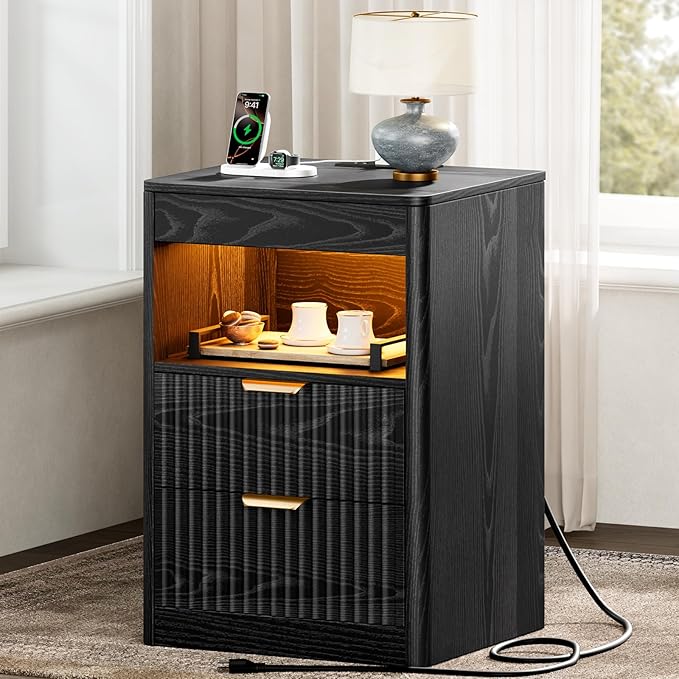 REAHOME Fluted Nightstand Set of 2 with Charging Station, Modern LED Night Stand with 2 Drawers and Pull Out Tray, Wood Bedside Table, End Side Table with Open Shelf for Bedroom,Black