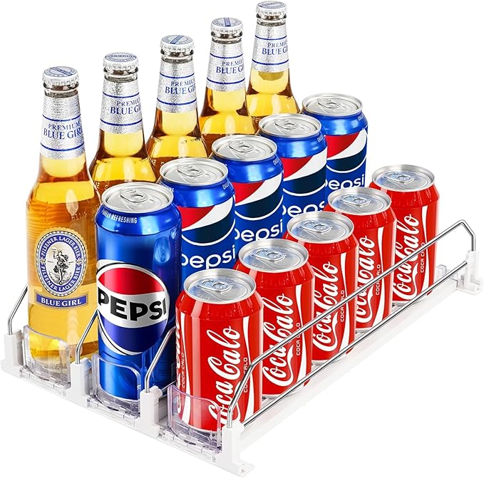 Drink Organizer for Fridge, Automatic Pusher Soda Can Dispenser for Refrigerator, Adjustable Width Holds up to 15 Cans Fridge Drink Organizer for Beer Beverage-3Row 15.3" D x 9.9" W