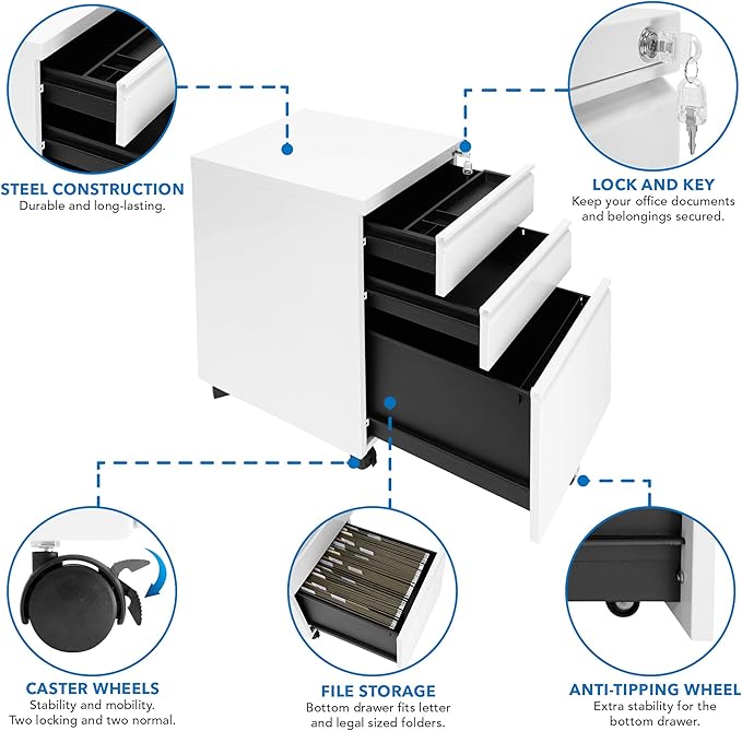 Mount-It! 3 Drawer Cabinet for Under Desk with Wheels | Rolling Storage with Lock for Supplies, Files, and Materials, Mobile Space Saving for Home and Office (White)