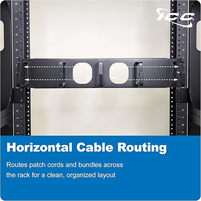ICC 2U Ring Cable Manager Panel with Cover, Metal, 3" D-Rings, Horizontal Cable Management, Rackmount for 19” Network Racks, Black, 6-Pack