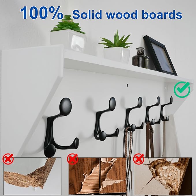 WEBI Wall Shelf with Hooks Underneath,35” Long Wall Mounted Coat Rack with Shelf,Entryway Coat Rack with 5 Triple Hooks for Hanging Coats,Jacket,Hallway,Bedroom,Mudroom,White