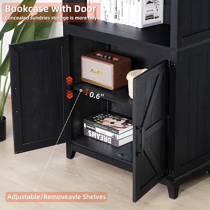 70in Tall Bookshelf 5 Tier Bookcase with Barn Doors and Adjustable Shelves, Black Farmhouse Book Shelf with Storage Cabinet, Wood Freestanding Display Bookshelves for Bedroom, Living Room