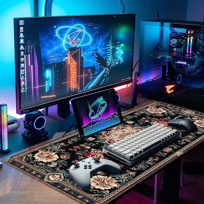 Vintage Persian Carpet Mouse Pad – Large Extended Desk Mat 31.5 x 11.8 in – Oriental Floral Rug Design, Non-Slip Rubber Base, Stitched Edges, Soft Keyboard & Mouse Mat for Office or Gaming