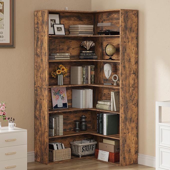 ANCTOR Corner Bookshelf, 6 Tiers Corner Bookcases with Baffles Etagere Shelf Storage Rack for Living Room Home Office, Vintage Brown