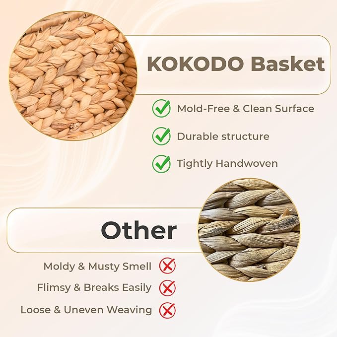 KOKODO Pack of 2 Medium Rectangular Water Hyacinth Wicker Storage Baskets with Handles and Metal Frame, Stylish and Durable Handwoven Bin for Space-saving Room Organizing or Decorative Wicker Basket