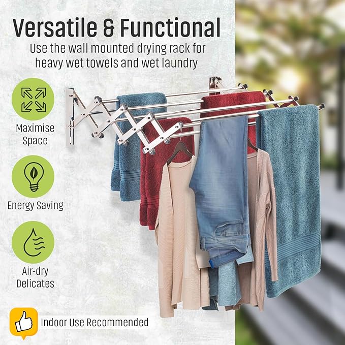 Smartsome | Wall Mounted | Clothes Drying Rack | 34" Wide | 22.5 Linear Feet Capacity | 8 Smooth Round Stainless Steel Rods | 60 lb Capacity | Fully Assembled | Compact Sturdy Space-Saving Design