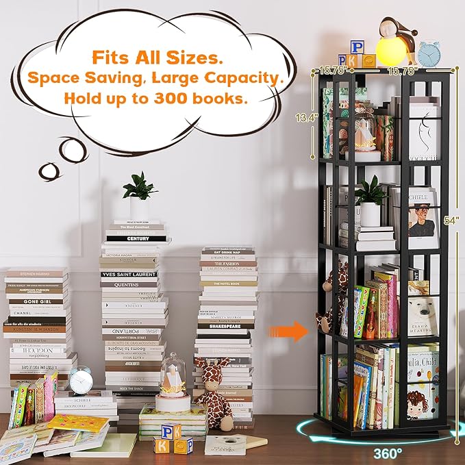 Aheaplus Rotating Bookshelf, Corner Bookshelf, 360 Display Wood Spinning Bookshelfs, Floor Standing Bookcase Narrow Shelf Revolving Organizer Storage Rack for Small Space, Bedroom, Study Room, Black