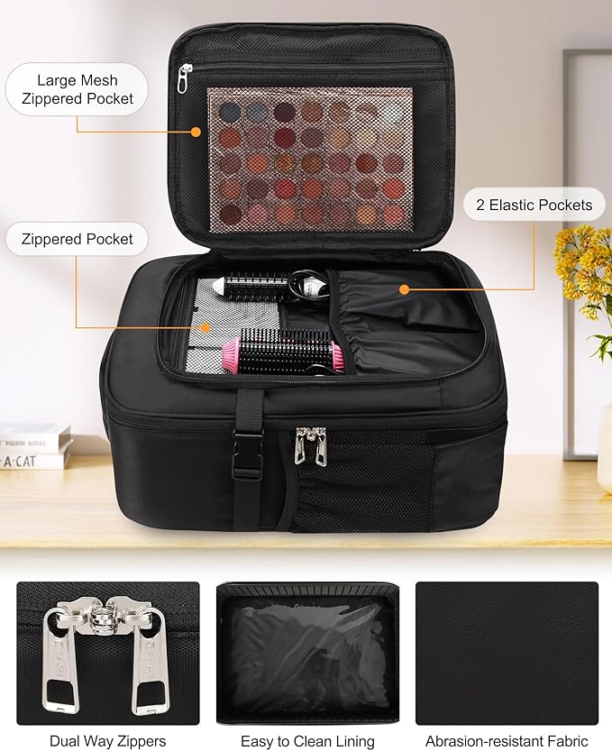 Relavel Professional Makeup Case Makeup Backpack and Clear Makeup Brush Case for Makeup Artists, Durable Water-resistant Material, with Shoulder Strap and Adjustable Dividers Black