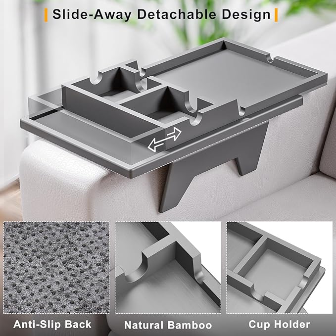 Couch Cup Holder Tray - 2 in 1 Couch Armrest Table with Be Slide-Away Detachable Double Holder - Sofa Armchair Caddy for Drinking Snacks iPad TV Remote (Gray)